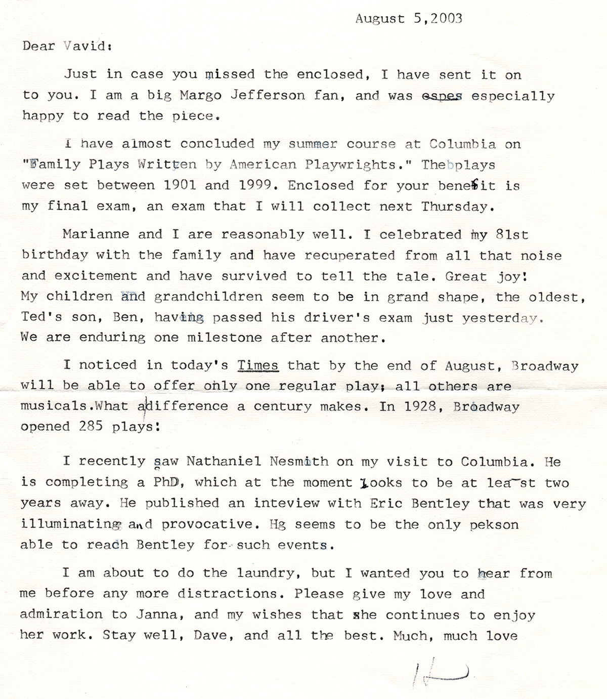 Howard Stein Letter 8-5-2003