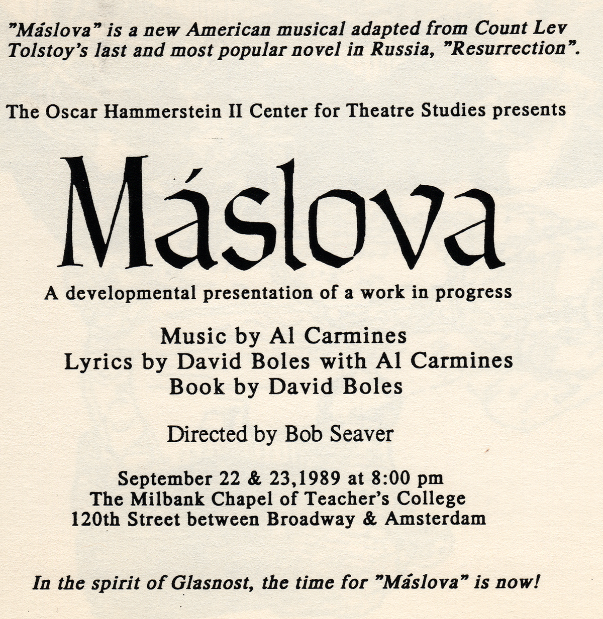 Maslova: Tolstoy Musical mailer